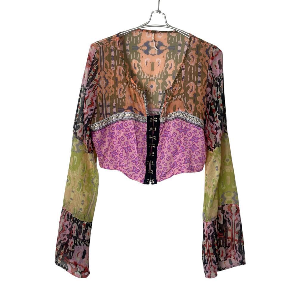 Free People Walk That Walk Blouse Cropped Colorful Size Large